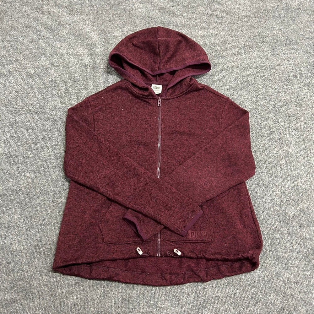 PINK Hoodie Womens Size XS Maroon Full Zip Heathered Knit Drawstring Hem